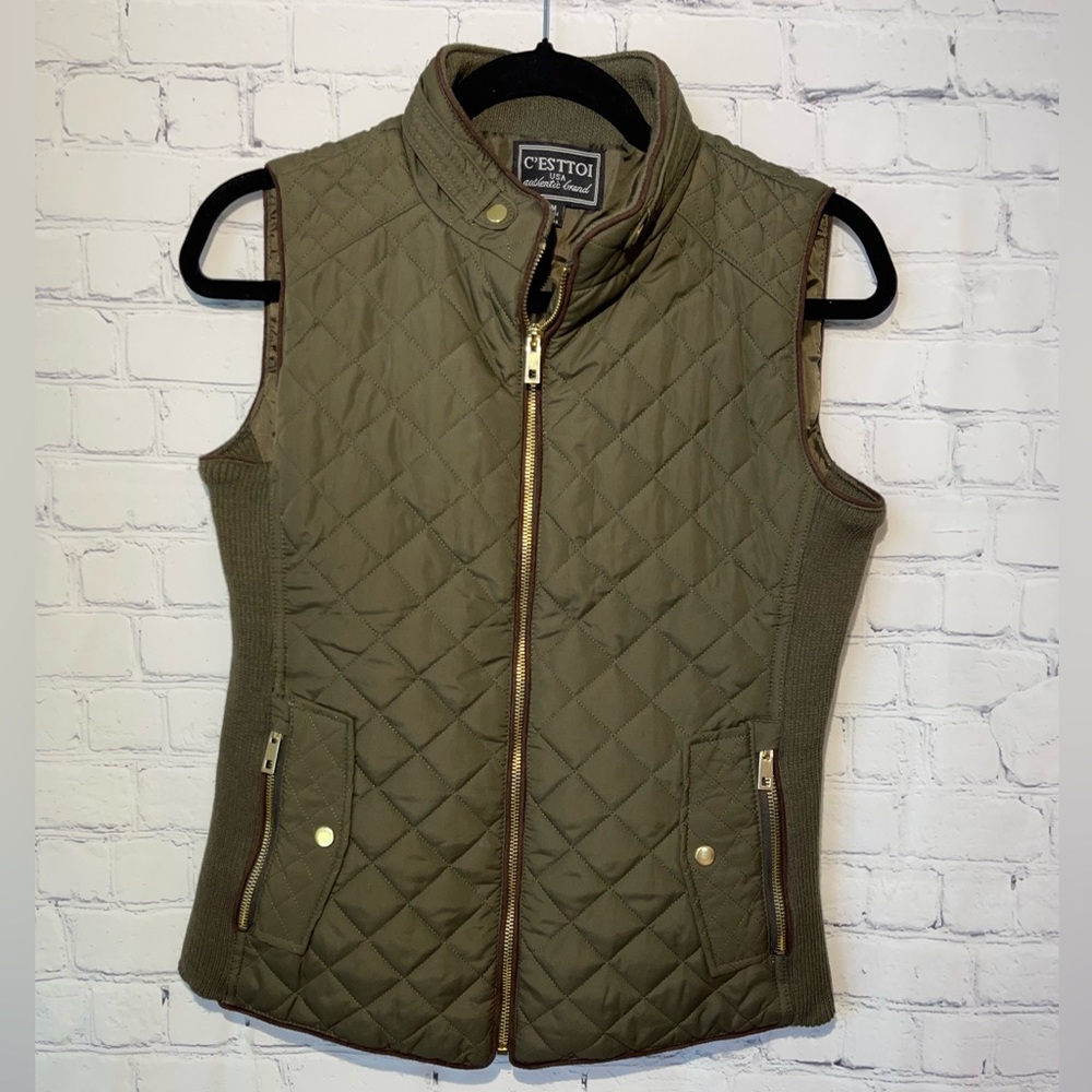 C'est Toi Olive Quilted Zip-Front Vest